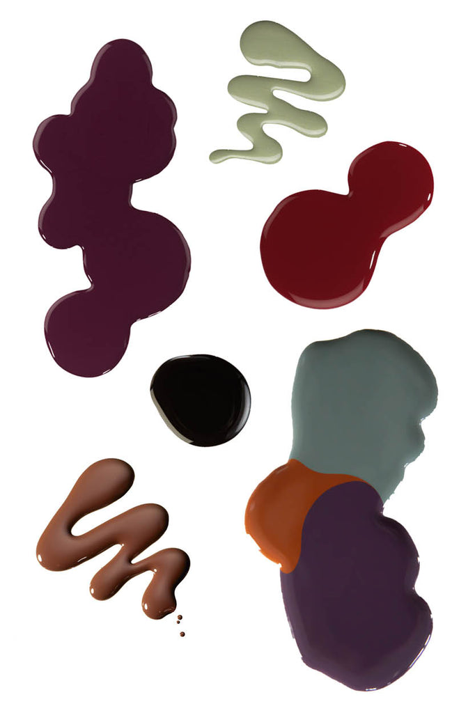 Terra fall nail polish colors swatches to include brown, burgundy, orange, green, black red and eggplant.