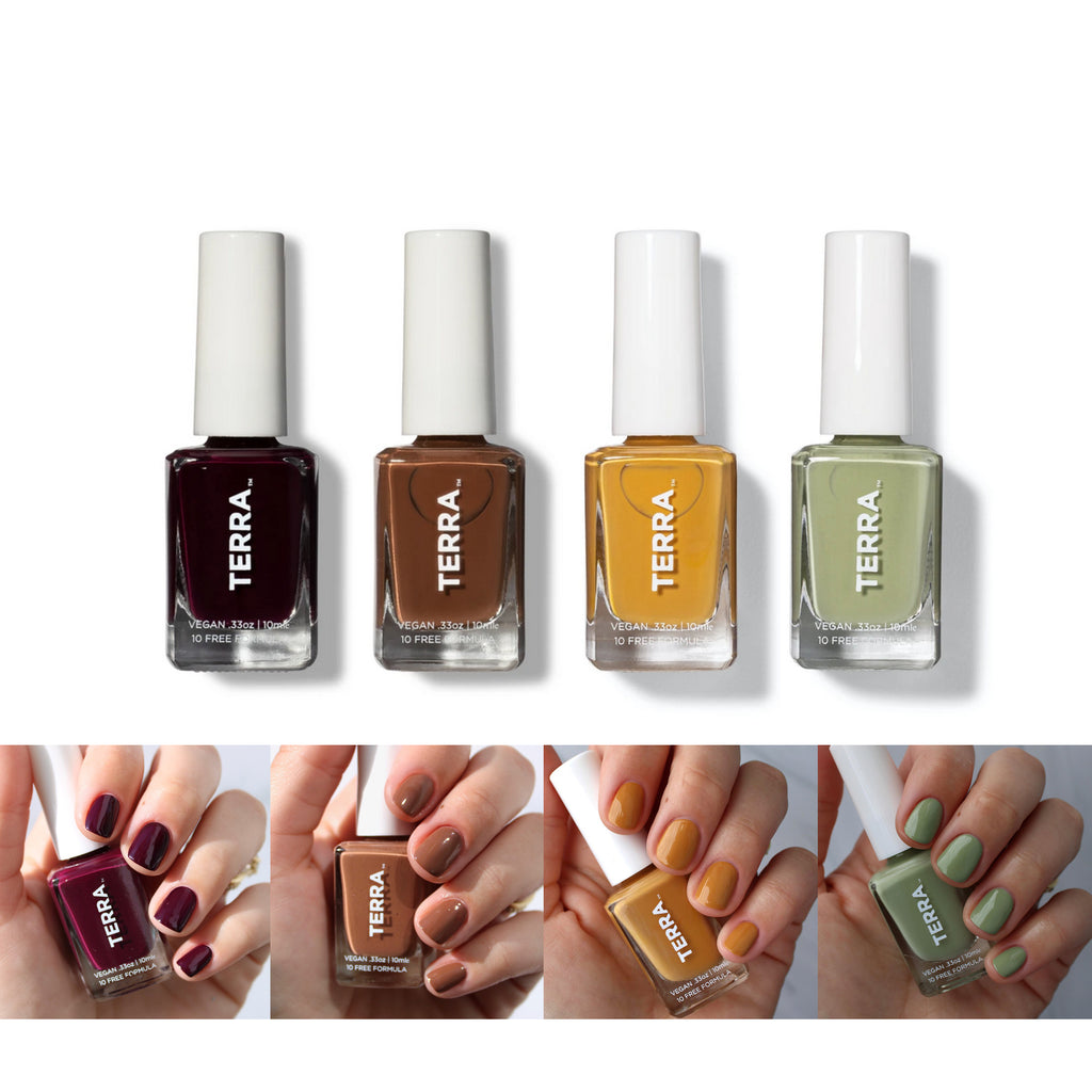 Terra fall nail polish collection to include No. 15 Dark Eggplant, No.13 Dark Tan, No. 10 Mustard, and No. 24 Sage Green  swatched on nails and bottles with white cap.