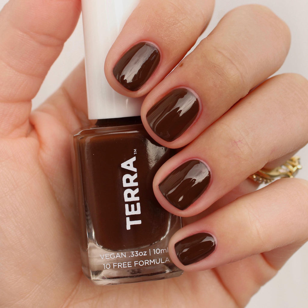Terra Nail Polish No. 11 Dark Brown swatched on nails
