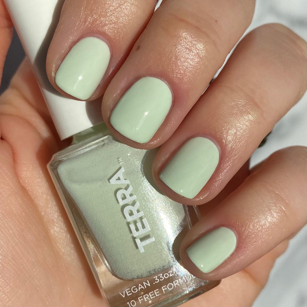 Terra nail polish number 22 light mint green color swatched on nails.