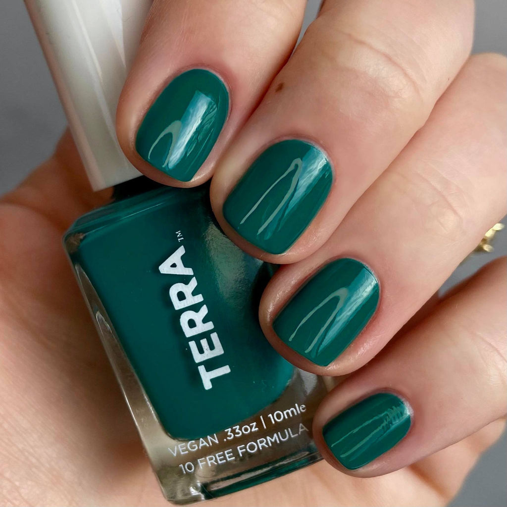 Terra nail polish number 29 emerald green swatched on nails.