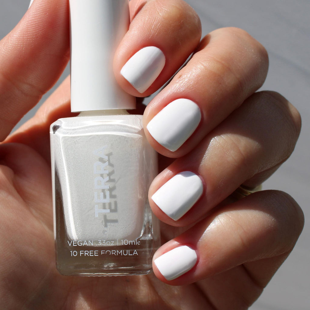 Terra nail polish number 2 white color swatched on nails.