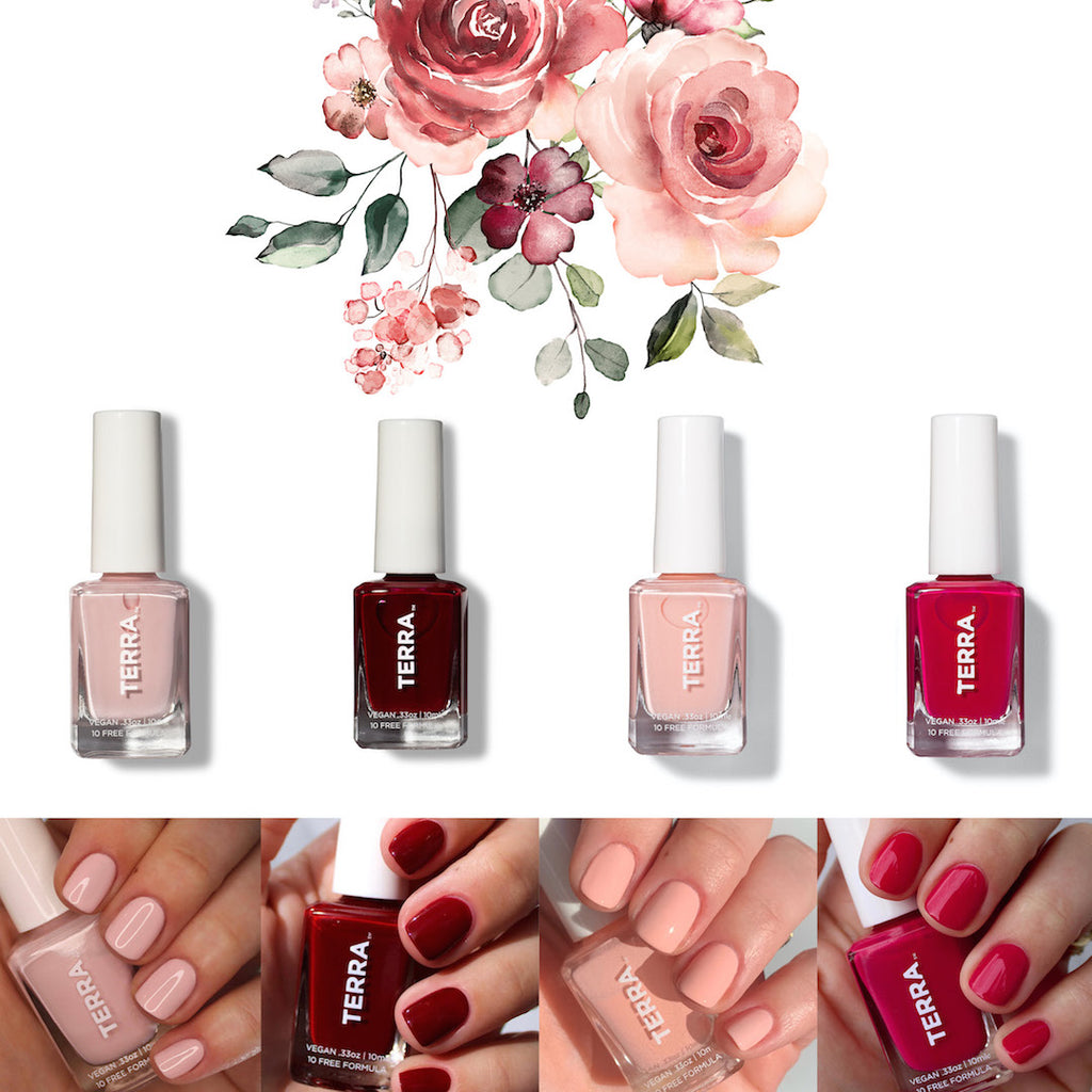 Terra natural nail polish in rose colors to include Number 8 soft pink, number 14 deep red, number 23 pink peach and number 4 pink cranberry color along with samples of swatched nails