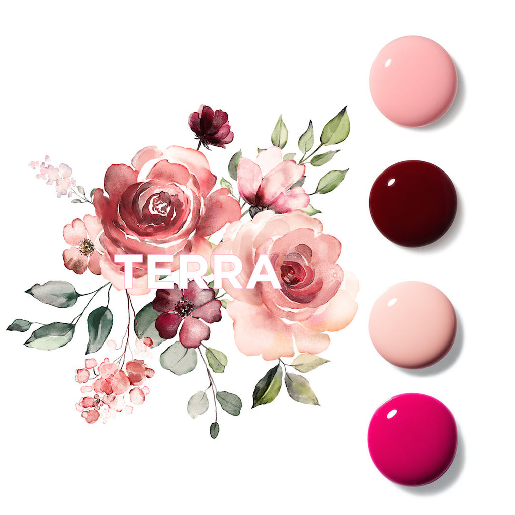 Terra natural nail polish circle swatches in rose colors to include Number 8 soft pink, number 14 deep red, number 23 pink peach and number 4 pink cranberry color along with rose graphic illustration and TERRA text