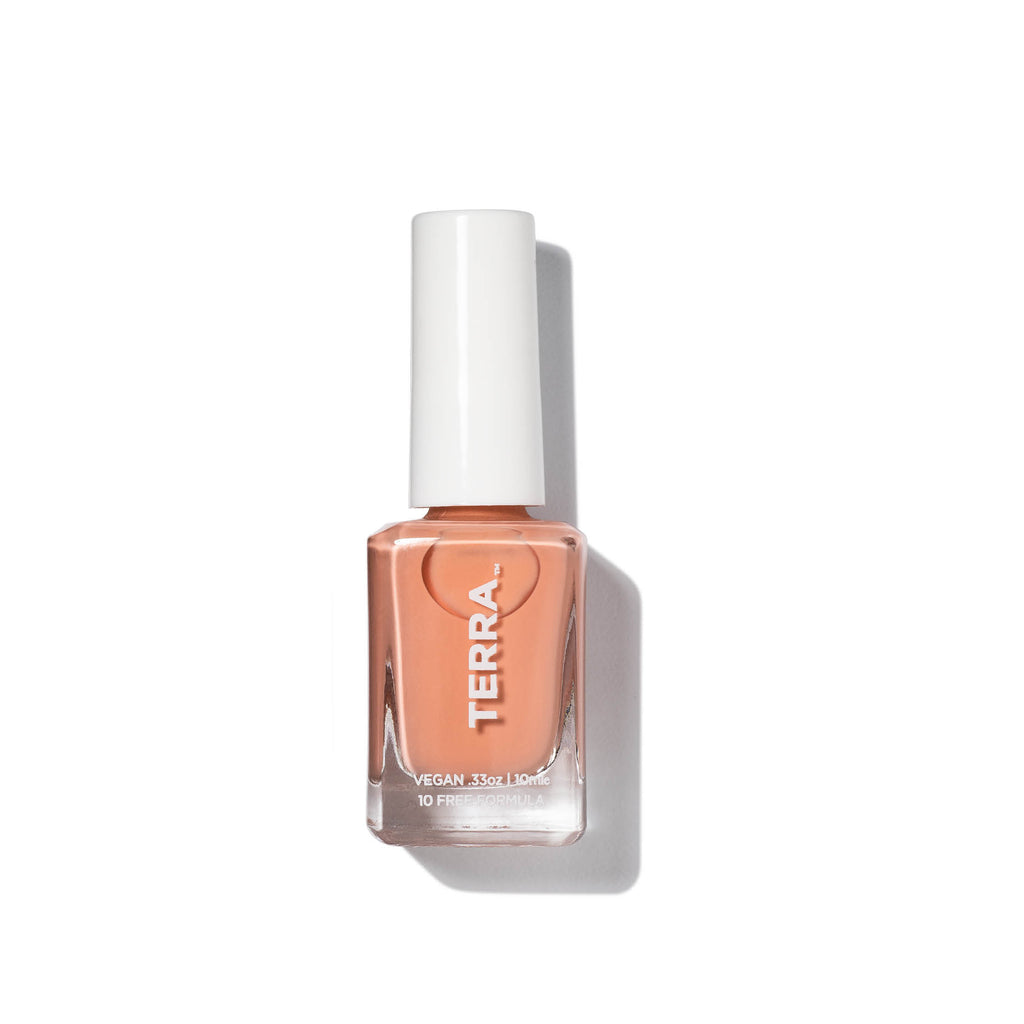 Terra nail polish number 17 dusty canyon peach color bottle.