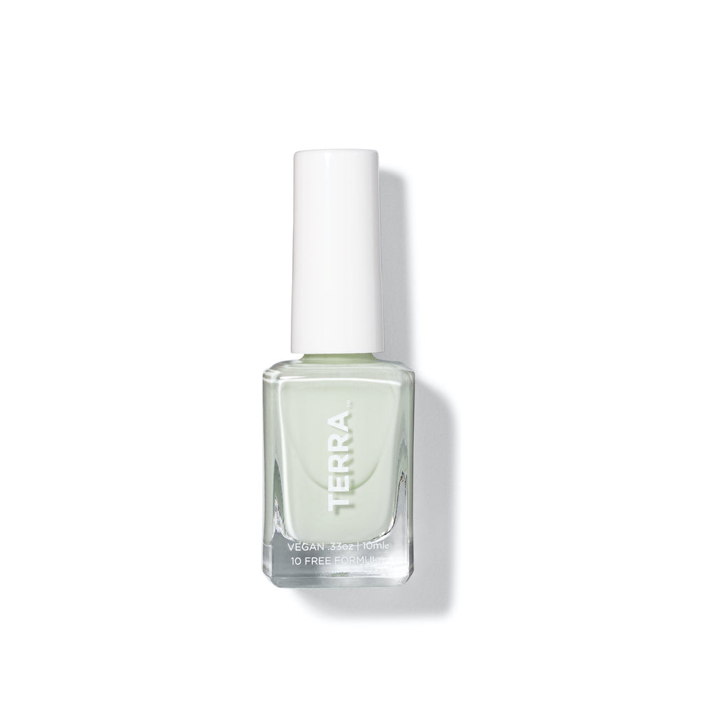 Terra nail polish number 22 light mint green color bottle.