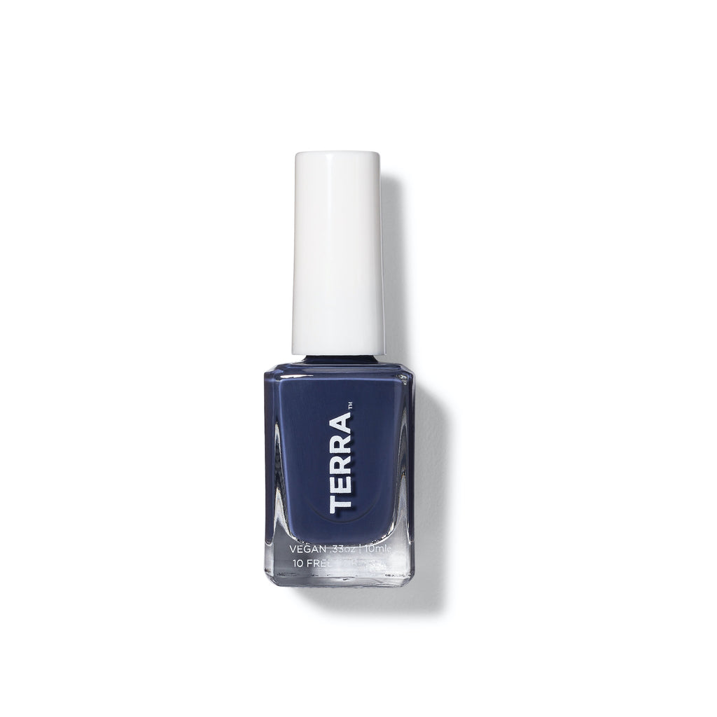 Terra nail polish number 33 navy bottle with white cap.