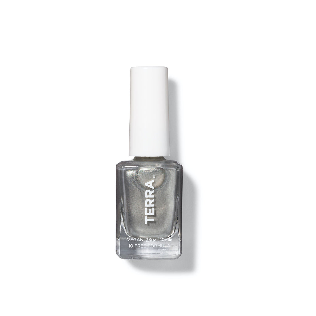 Terra nail polish number 27 soft silver shimmer bottle with white cap.