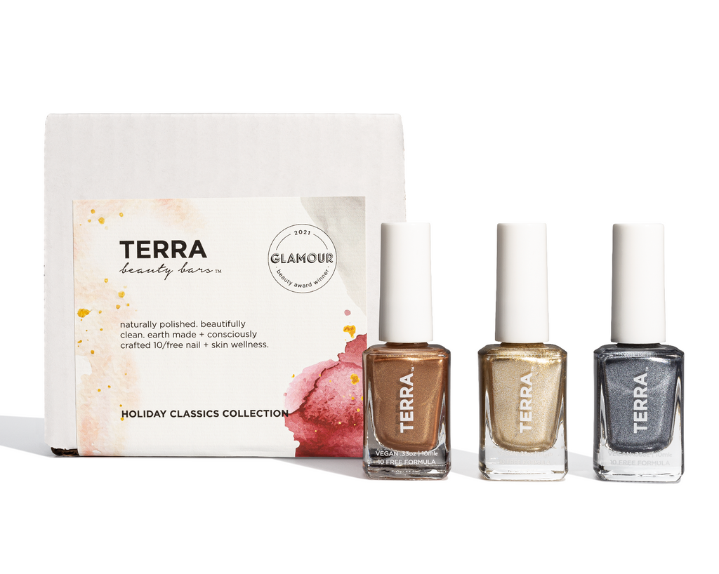 Terra Holiday Classics Collection White box with three nail colors in glass packaging and white cap to include number 26 rose gold, number 28 gold foil and number 41 slate