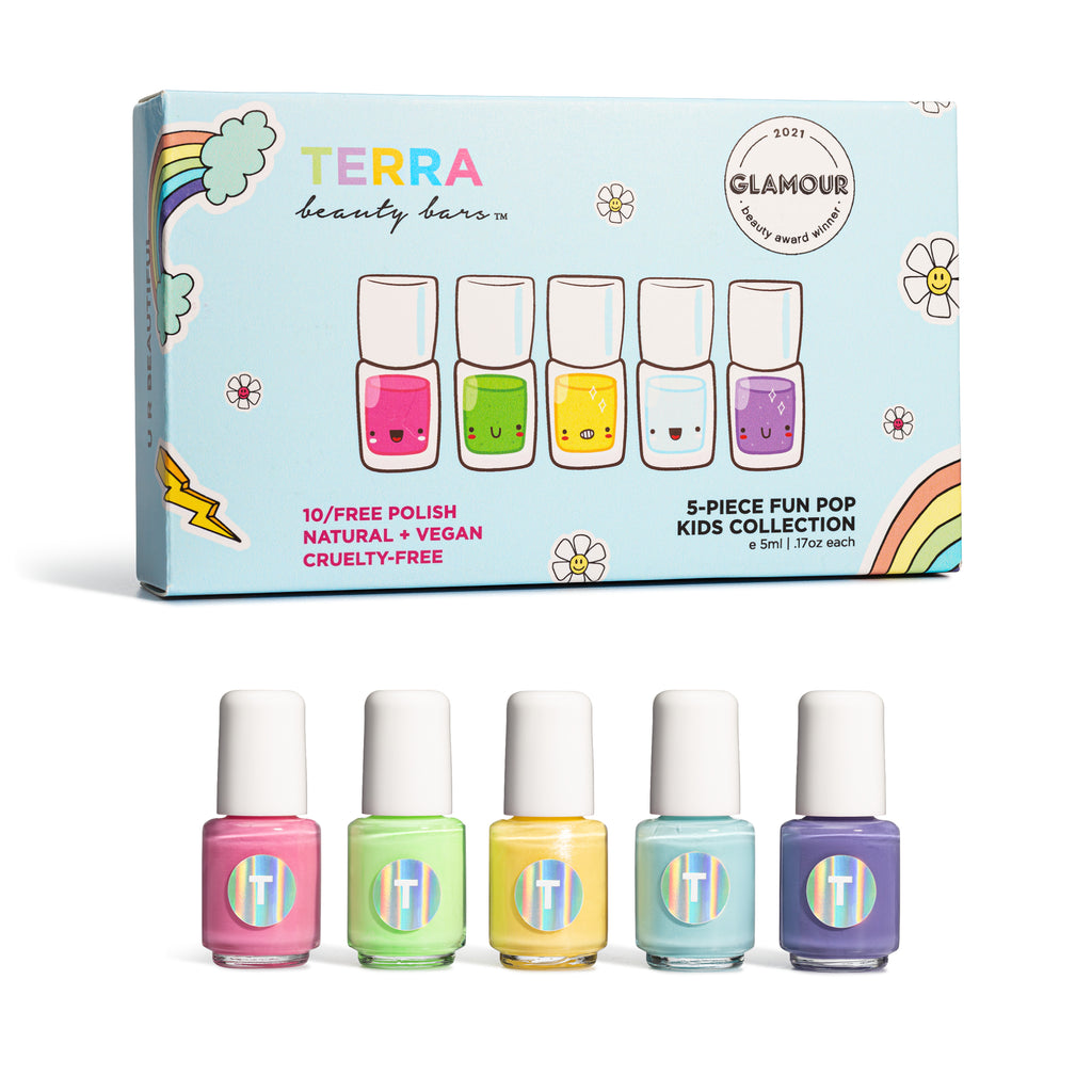 Terra Fun Pop 5-piece Kid collection and five colors (Pink, green, yellow, blue and purple) nail polishes