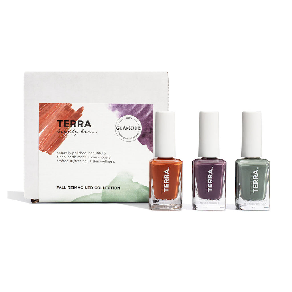 Terra Beauty Bars Fall Collection Nail Polish with white box and label that says naturally polished. beautifully clean. earth made + consciously crafted 10/free nail + skin wellness. Also shows fall nail polishes in glass packaging and white caps to include number 37 Sea Glass Olive (a neutral green that looks like a  moss sea glass and olives), number 38 Burnt Oranges (a dark orange hue that looks like burnt oranges) and number 39 Mauve 