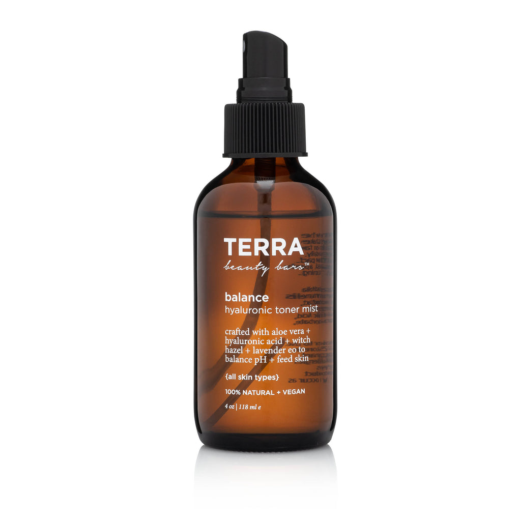 Balance Hyaluronic Acid Toner Mist in amber glass packaging and spray mist by Terra Beauty Bars