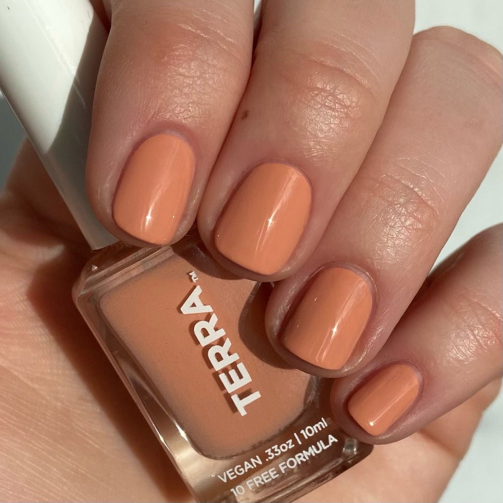 Terra nail polish number 17 dusty canyon peach color swatched on nails.
