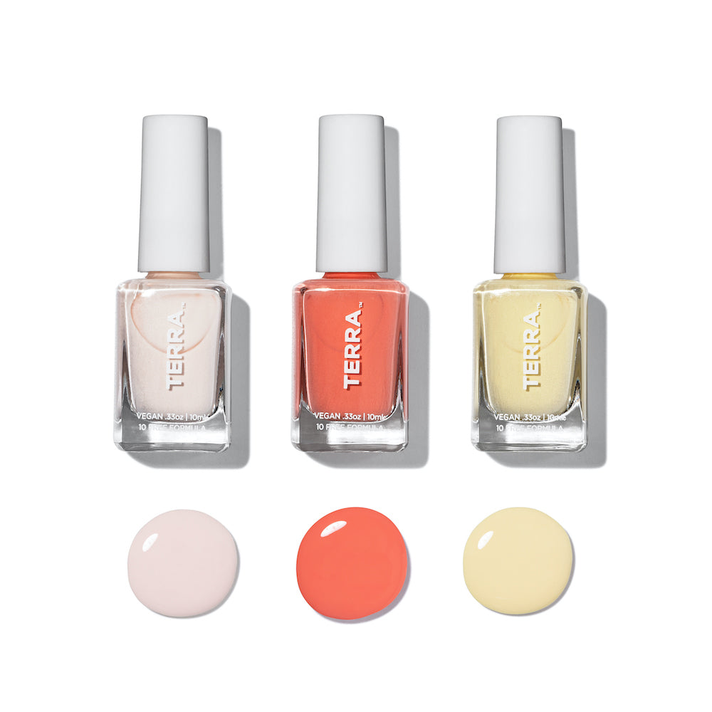 Terra Beauty Bars Summer Trio Refreshments Collection Nail Polish in glass packaging and white caps to include number 34 Sweet Lemonade (light yellow), number 35 White Frosty Pink (soft white pink), number 36 Watermelon Coral color and swatched in circles