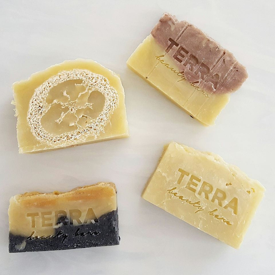 terra beauty bars soap cut and hand stamped, includes original marble, loofah soap