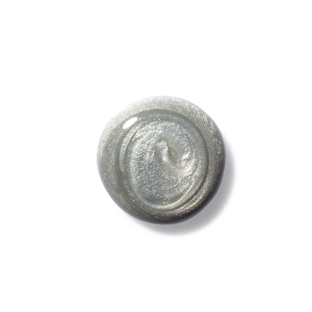Terra nail polish number 27 soft silver shimmer swatched as circle.