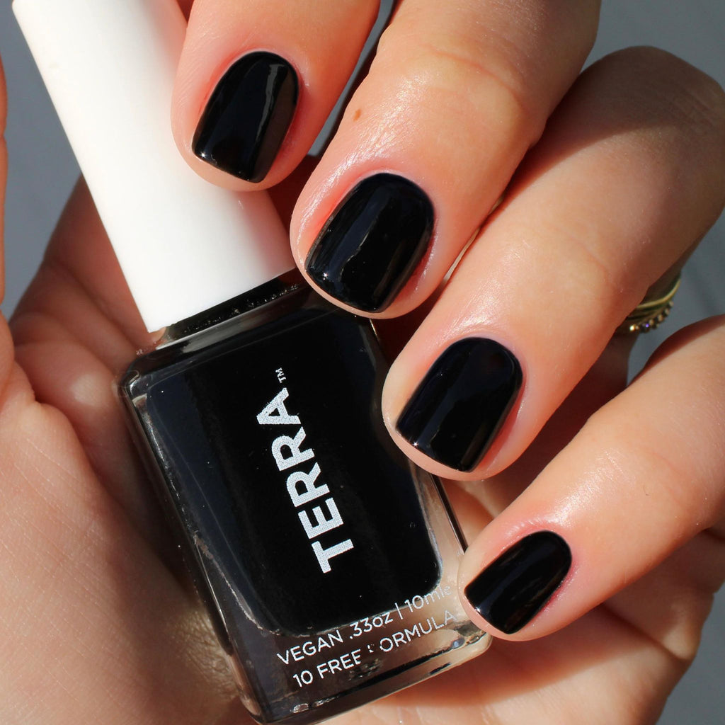 Terra Nail Polish No. 1 Class Black swatched on nails