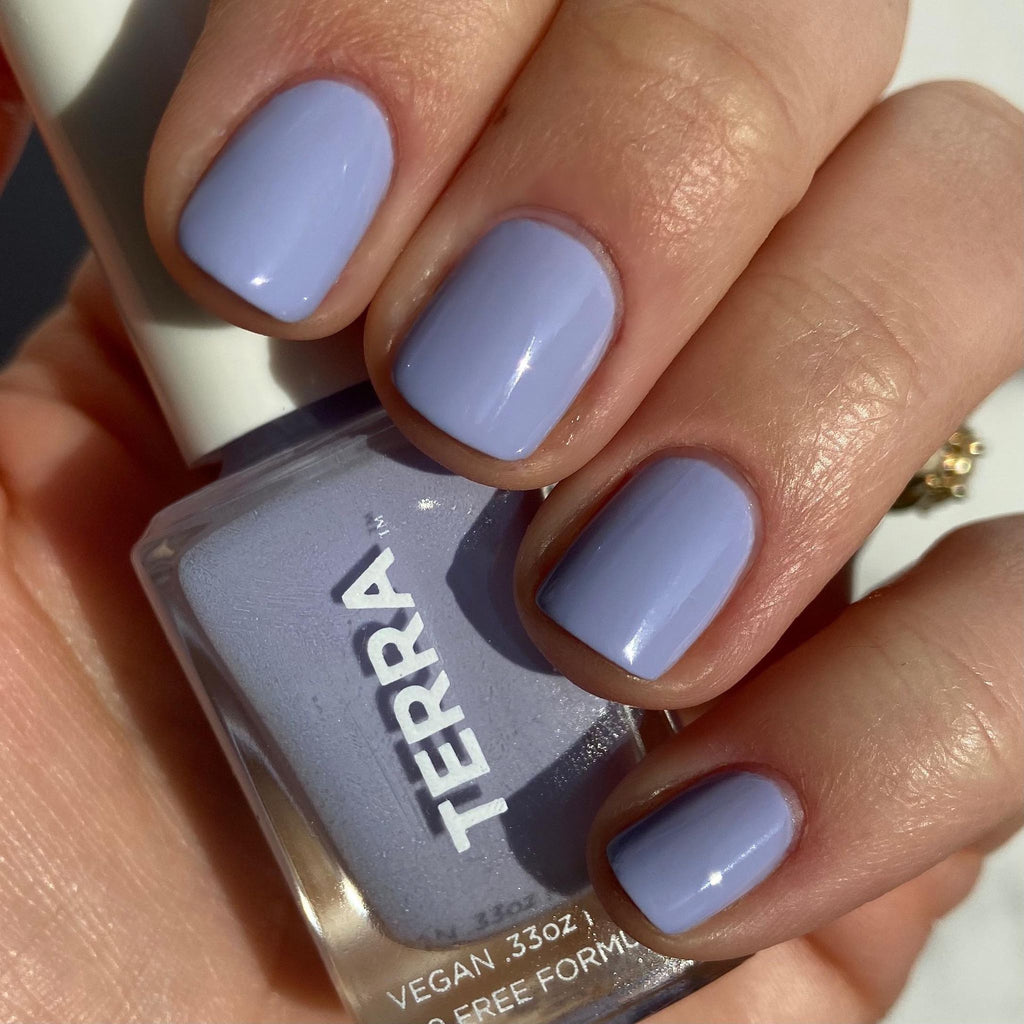 Terra nail polish number 25 light lavender tulip grace color swatched on nails.