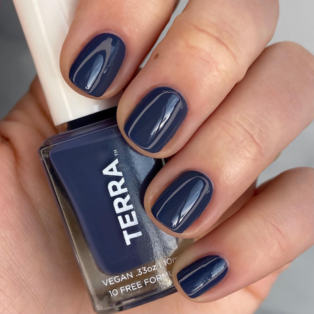 Terra nail polish number 33 navy swatched on nails.