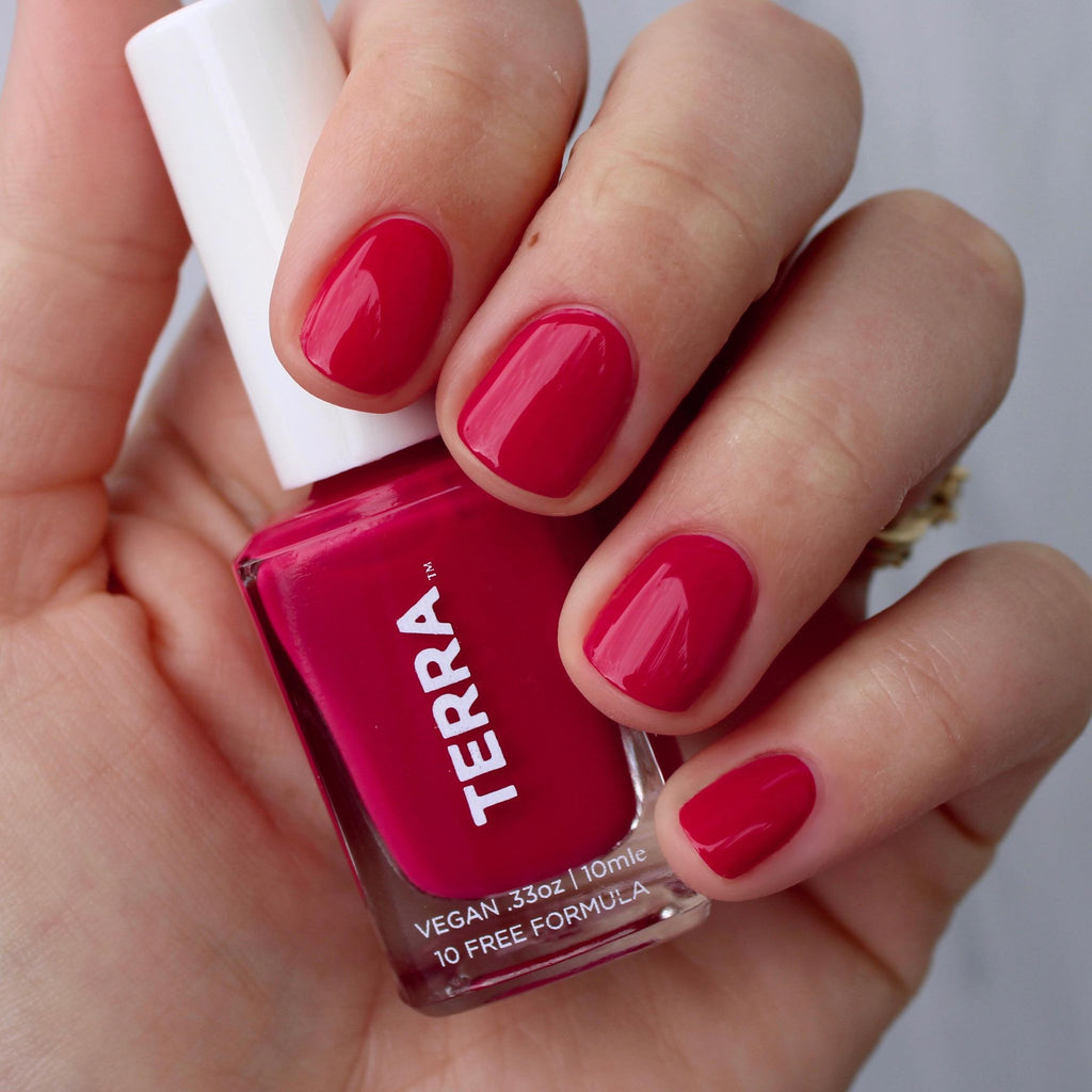 Terra nail polish number 4 bright cranberry swatched on nails.