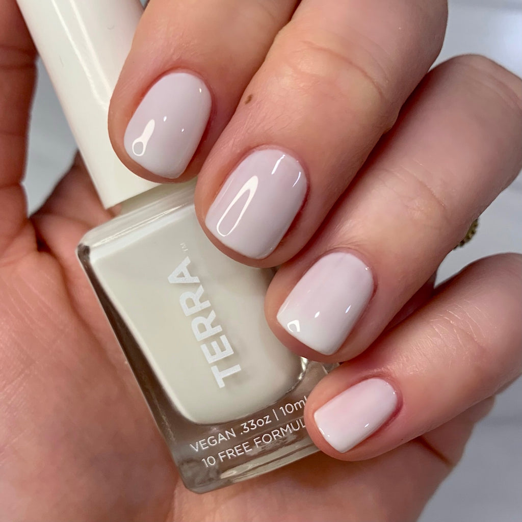 Terra nail polish number 5 French white sheer color swatched on nails.