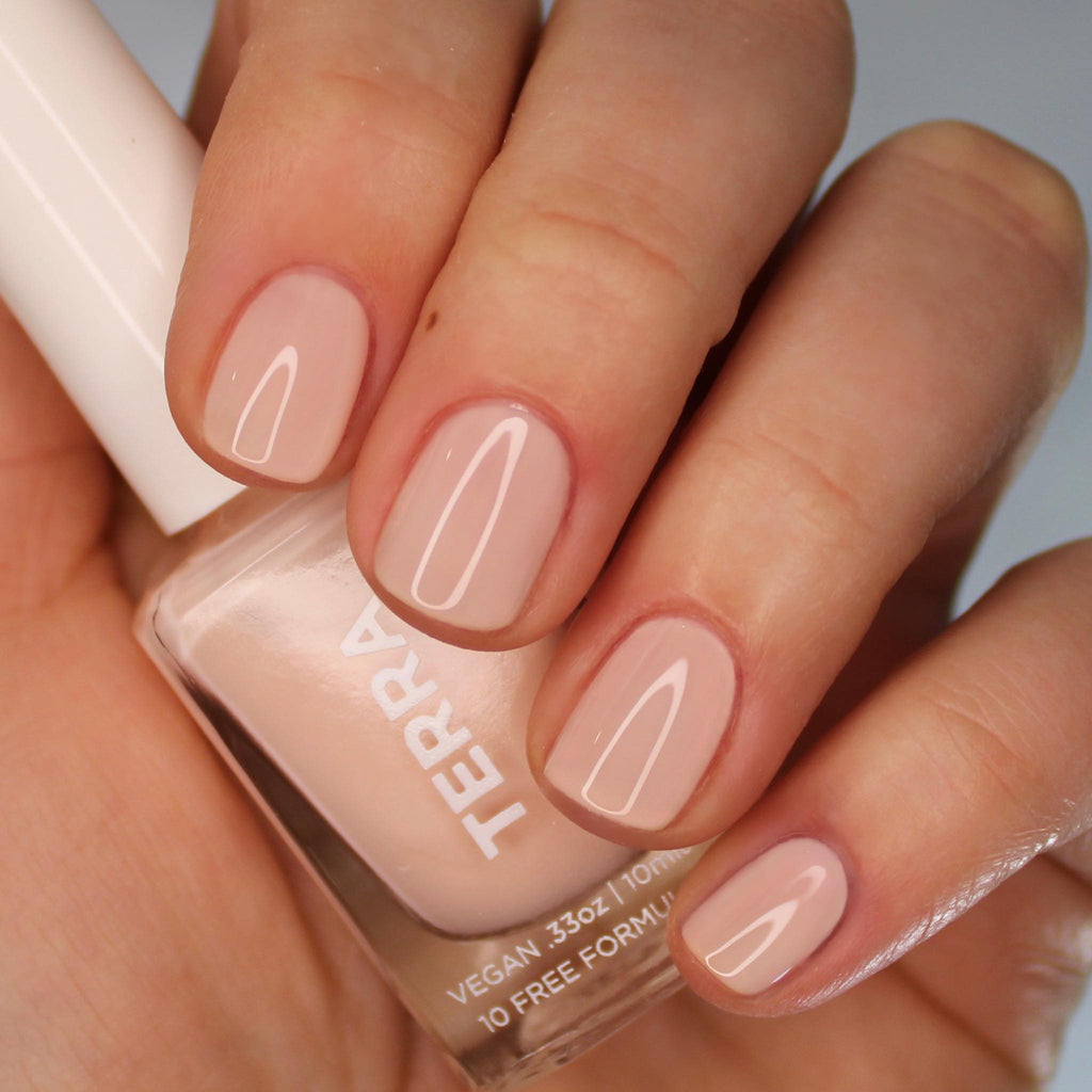 Terra nail polish number 9 beige color swatched on nails.