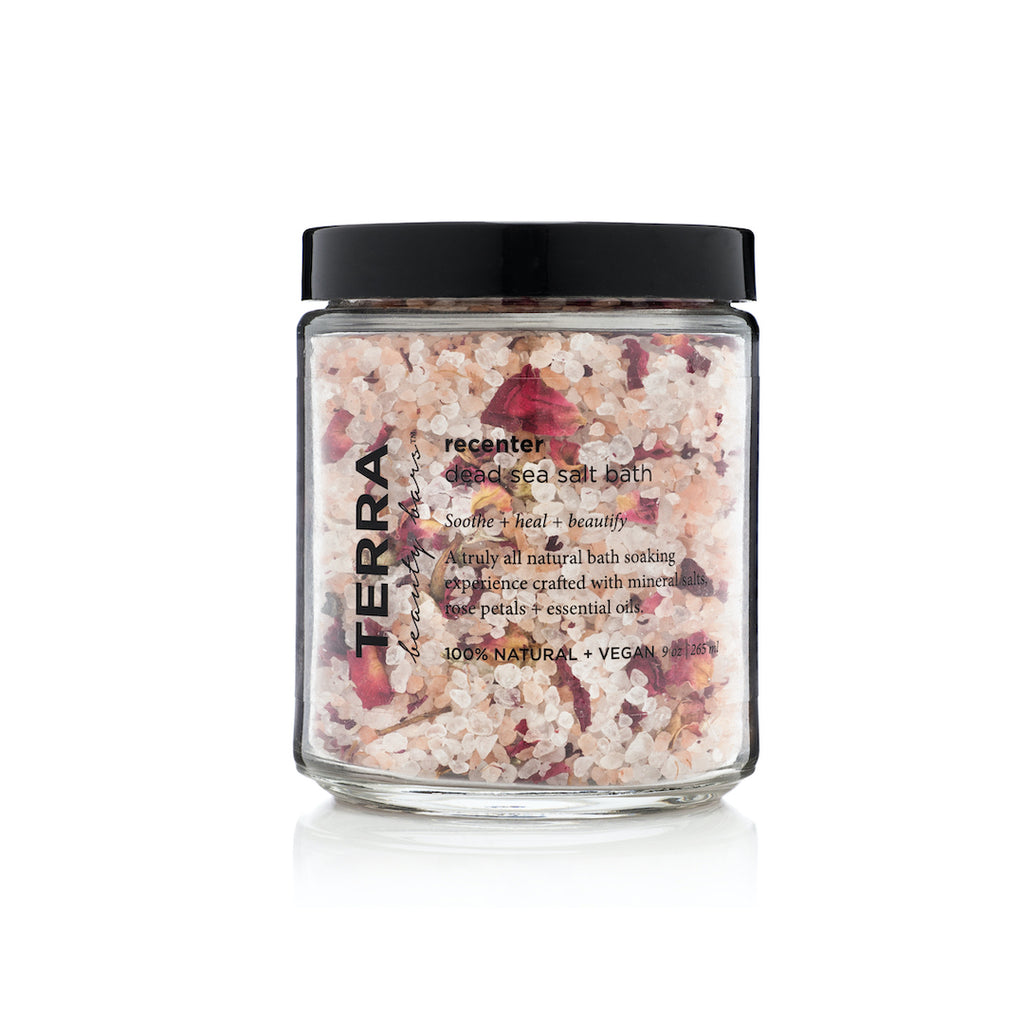 Terra Recenter Dead Sea Salt Bath salt soak with pink Himalayan salts, Dead Sea salts and rose petals in glass 9 ounce jar and cap