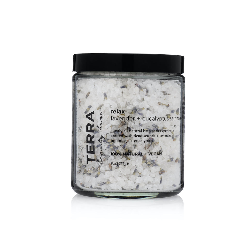 Terra Relax Lavender + Eucalyptus Bath salt soak with Dead Sea salt and lavender buds in glass 9 ounce jar and cap