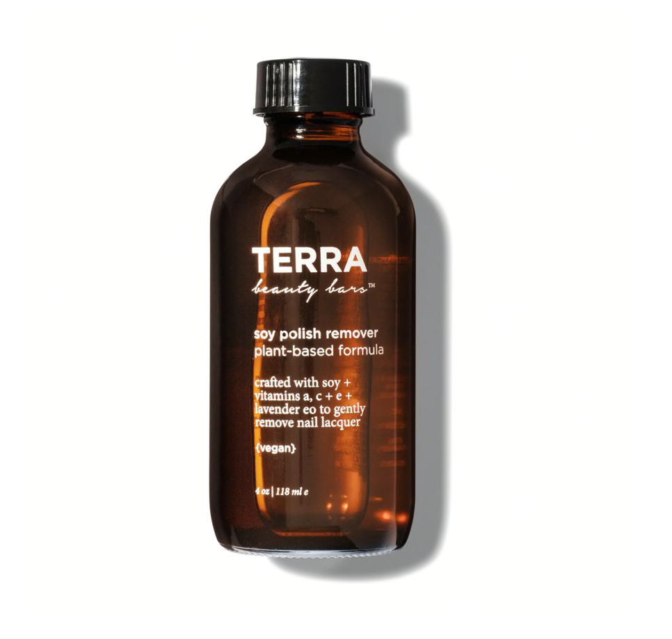 Soy Plant Based Nail Polish Remover by Terra Beauty Bars in amber glass bottle and black cap