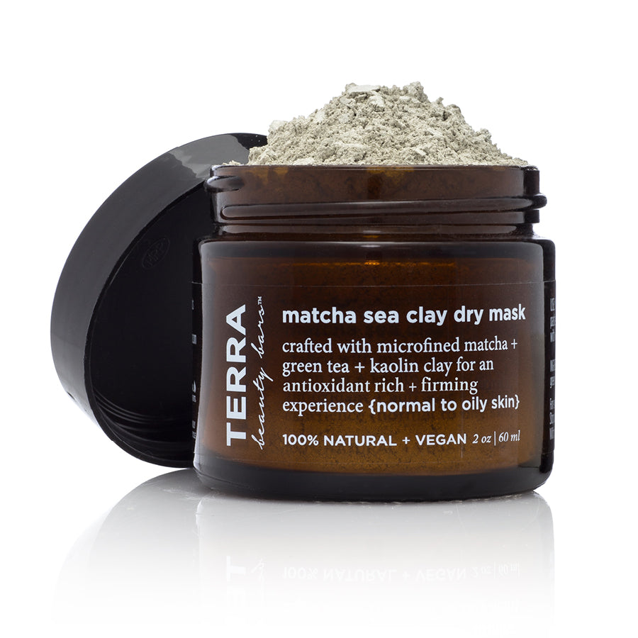 Matcha Sea Clay Dry Mask powder form (Vegan, Waterless) by Terra Beauty Bars in 2 oz amber glass jar