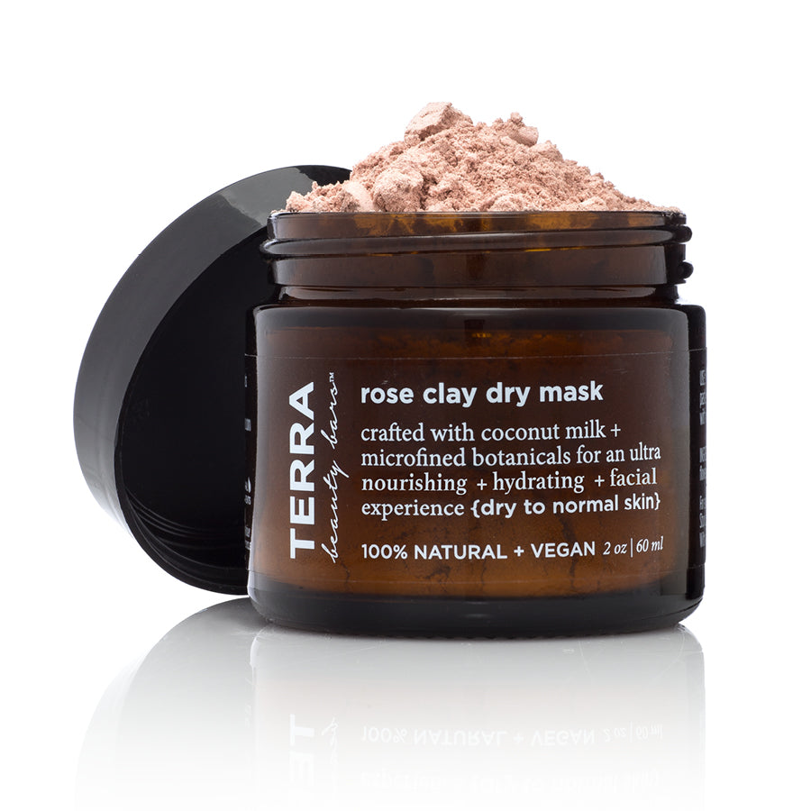 Terra Rose Clay Dry Mask powder by Terra Beauty Bars in glass amber 2 ounce