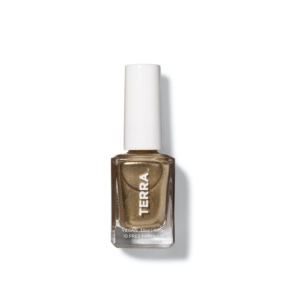 Terra nail polish number 28 gold foil bottle with white cap.