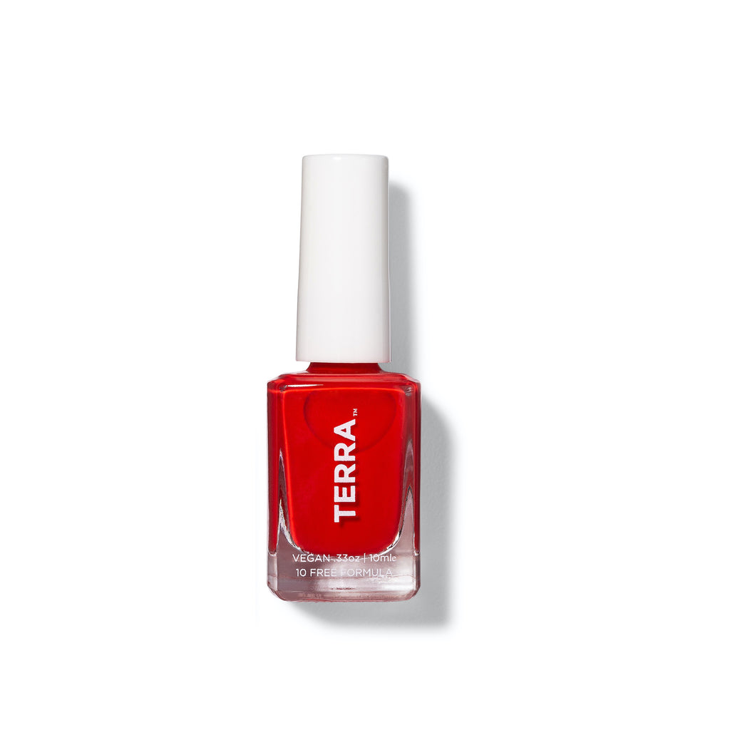 Terra nail polish number 30 bright pitanga red bottle with white cap.