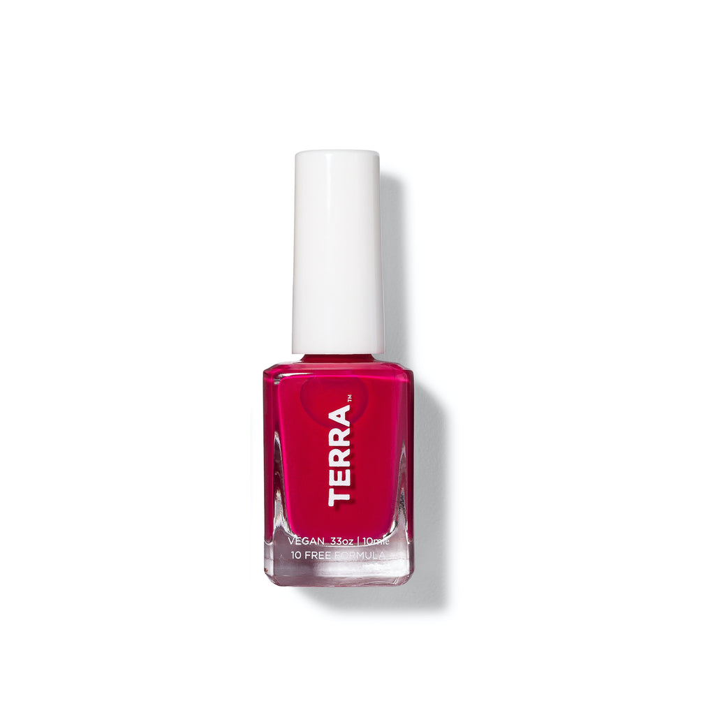 Terra nail polish number 4 bright cranberry bottle with white cap.