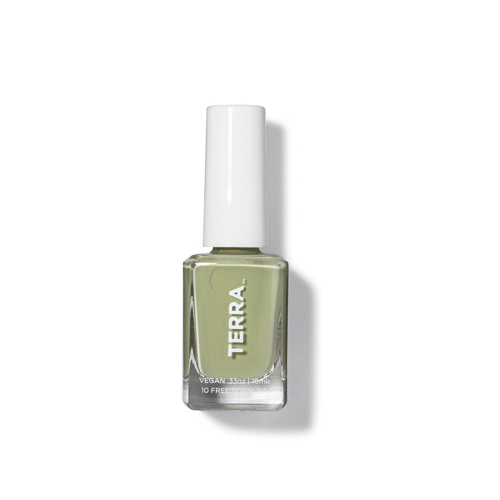 Terra nail polish number 24 sage green color  bottle with white cap.