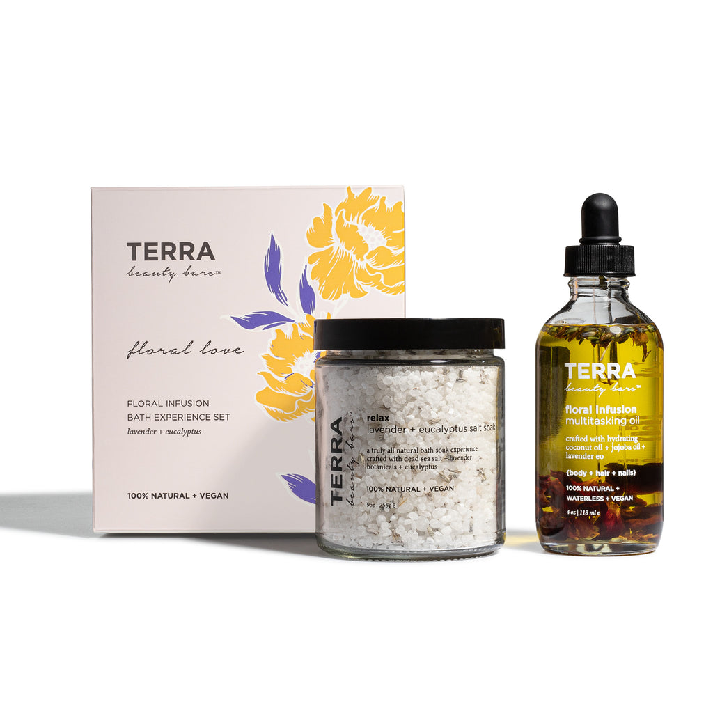 Terra Floral Love kit box with beautiful flower designs on the outside. Includes the Relax sea salt glass jar and the Floral Infusion oil in glass bottle and dropper.