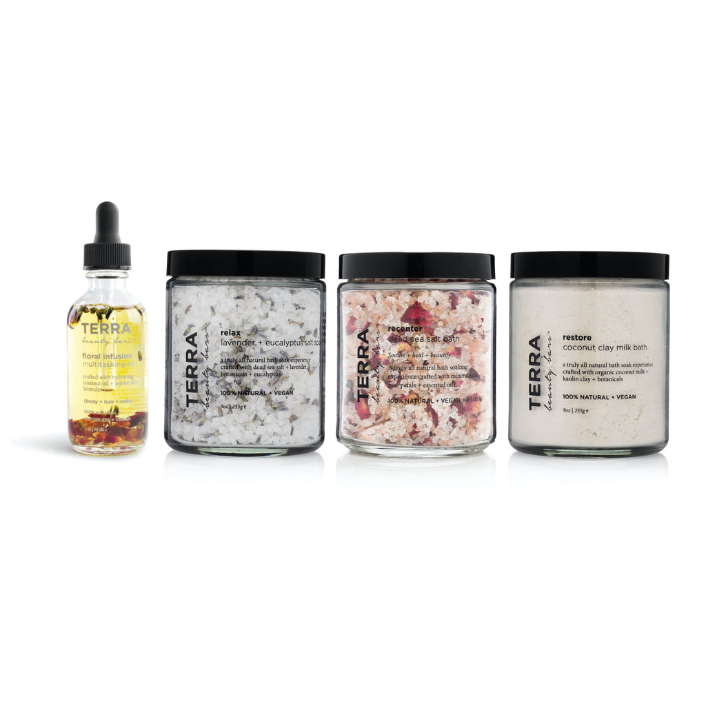 Terra 2 ounce Floral Infusion Multitasking Oil with flowers and glass dropper, Relax lavender and Dead Sea salt, recenter pink Himalayan salt with rose bath soak and restore coconut clay milk bath in glass 9 ounce jar with black caps