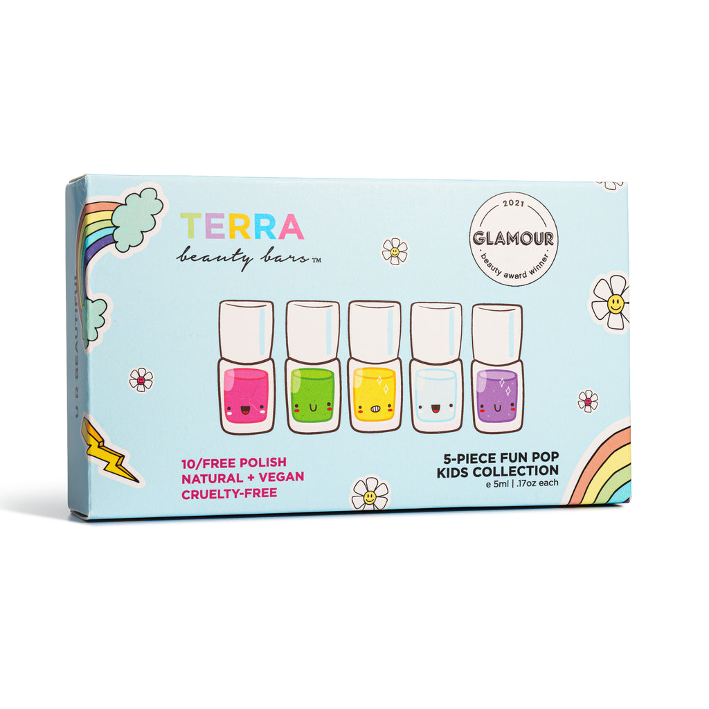 Terra Fun Pop 5-piece Kid collection and five colors (Pink, green, yellow, blue and purple) nail polishes front box