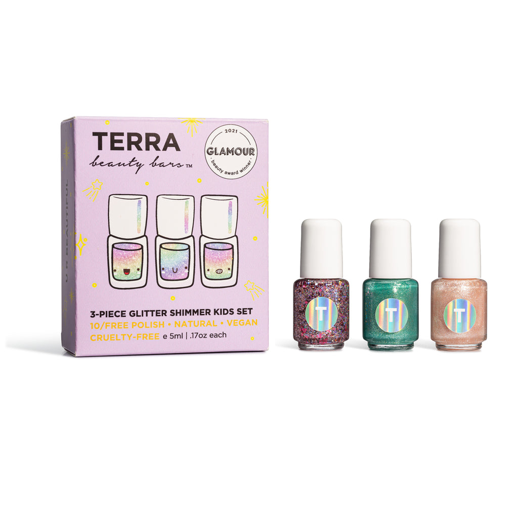 Terra Kids Glitter box and three glitter nail polishes