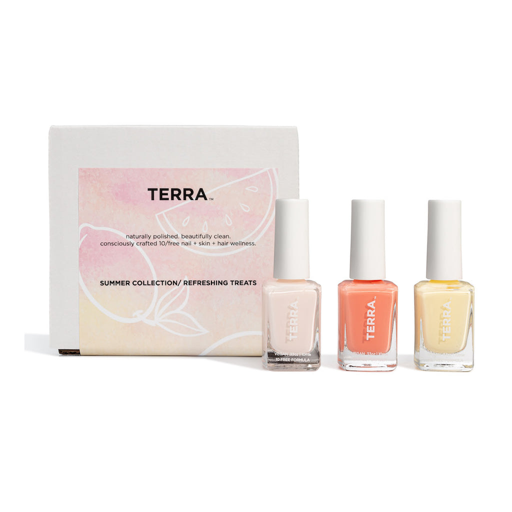 Terra Beauty Bars Summer Trio Refreshments Collection Nail Polish with white box and label that says naturally polished. beautifully clean. earth made + consciously crafted 10/free nail + skin wellness. Also shows summer Trio refreshments nail polishes in glass packaging and white caps to include number 34 Sweet Lemonade (light yellow), number 35 White Frosty Pink (soft white pink), number 36 Watermelon Coral color