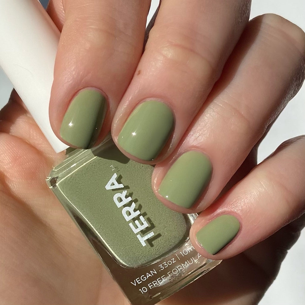 Terra nail polish number 24 sage green color swatched on nails.