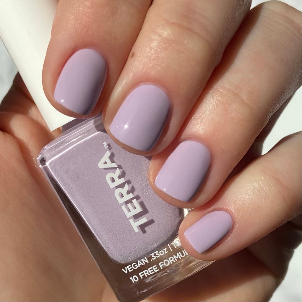 Terra nail polish number 18 desert lavender color swatched on nails.